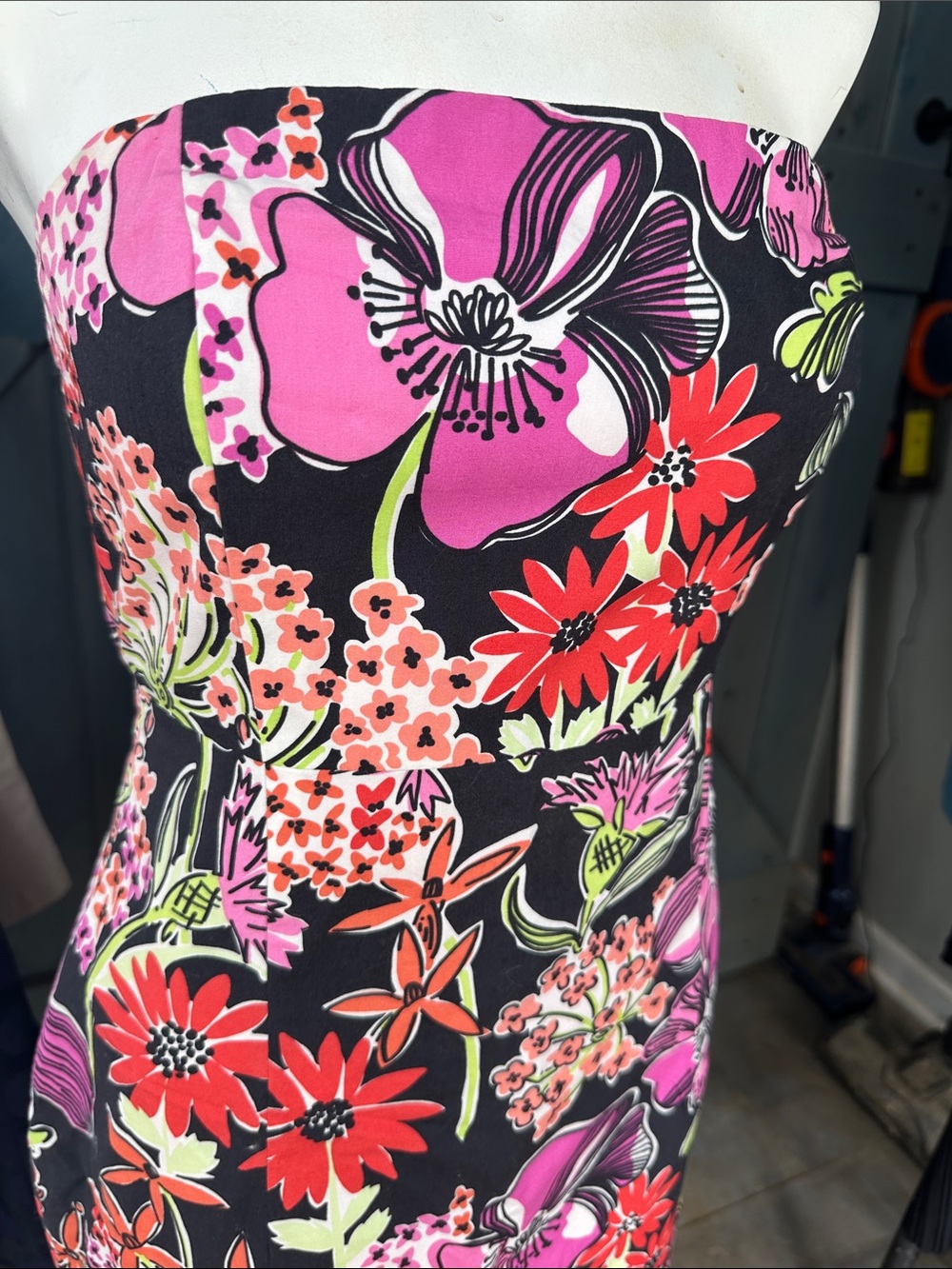 Lilly Pulitzer Strapless Floral Sheath Dress - Black with Pink & Red Floral - Picture 2 of 8